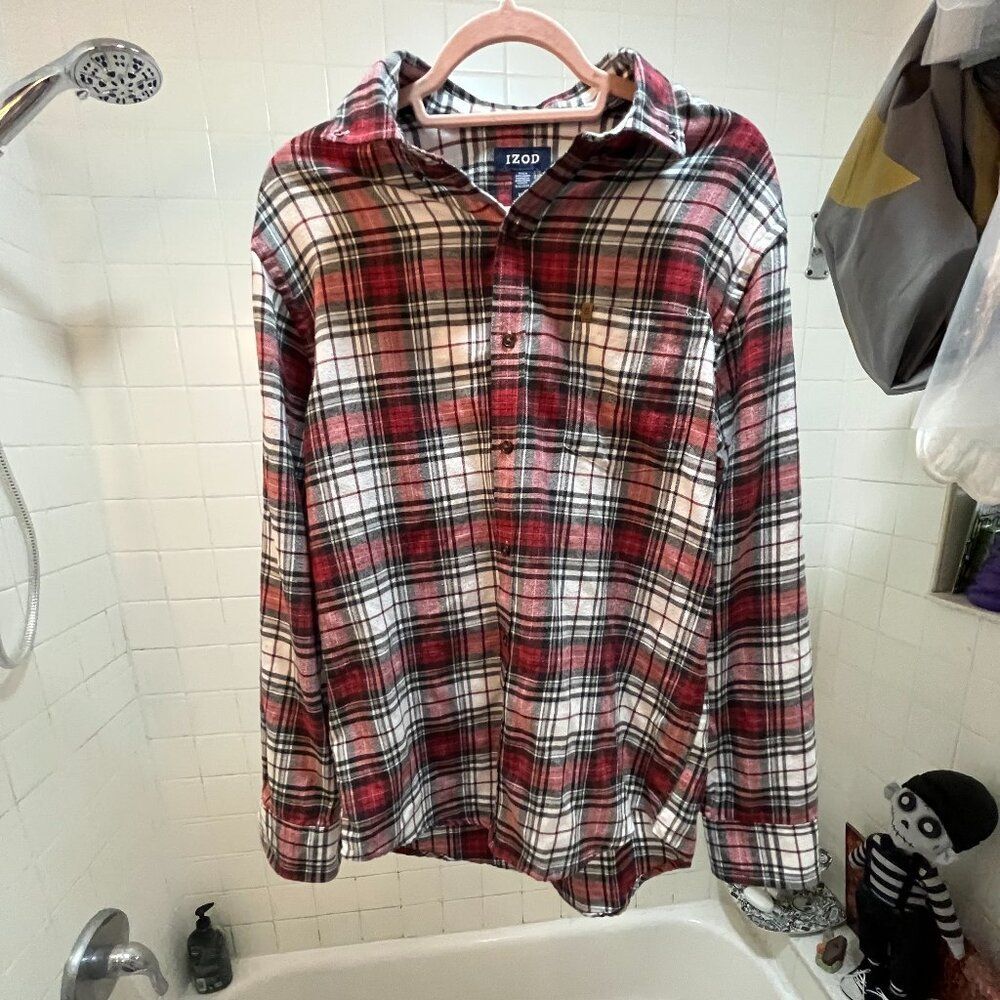 IZOD Plaid Long Sleeve Button Down Shirt Men's Medium Red/Black/White